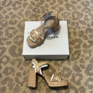 Marc Fisher Womens Seclude Tan Woven Block Heel Platform Sandals Shoes New